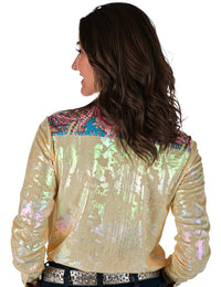 Cowgirl Tuff Pullover Arena Shirt - Yellow Foil Metallic With Colorful Paisley