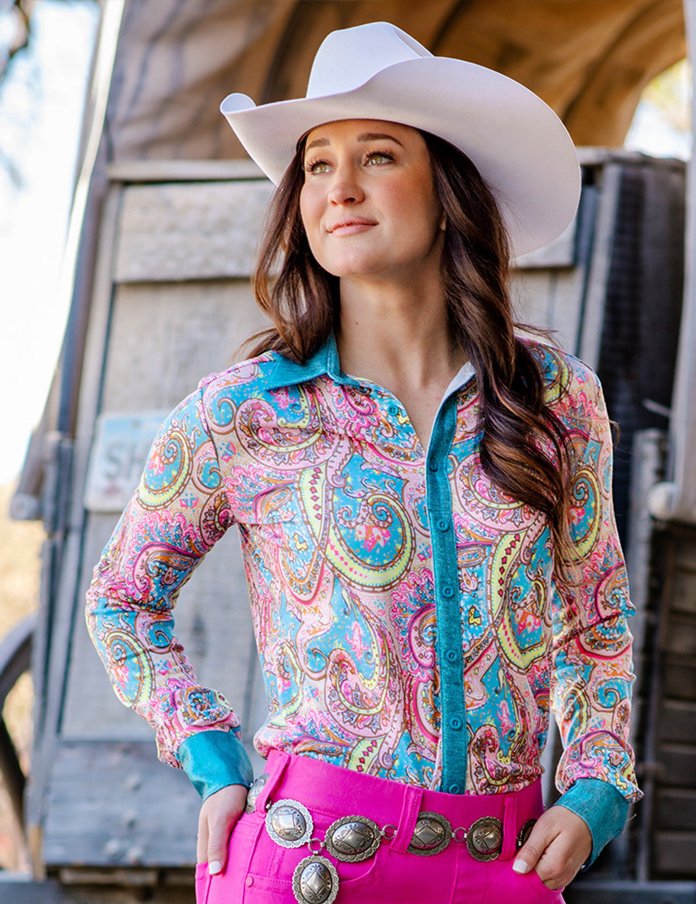 Cowgirl Tuff Pullover Arena Shirt - Pink Paisley With Turquoise Foil Metallic Accents