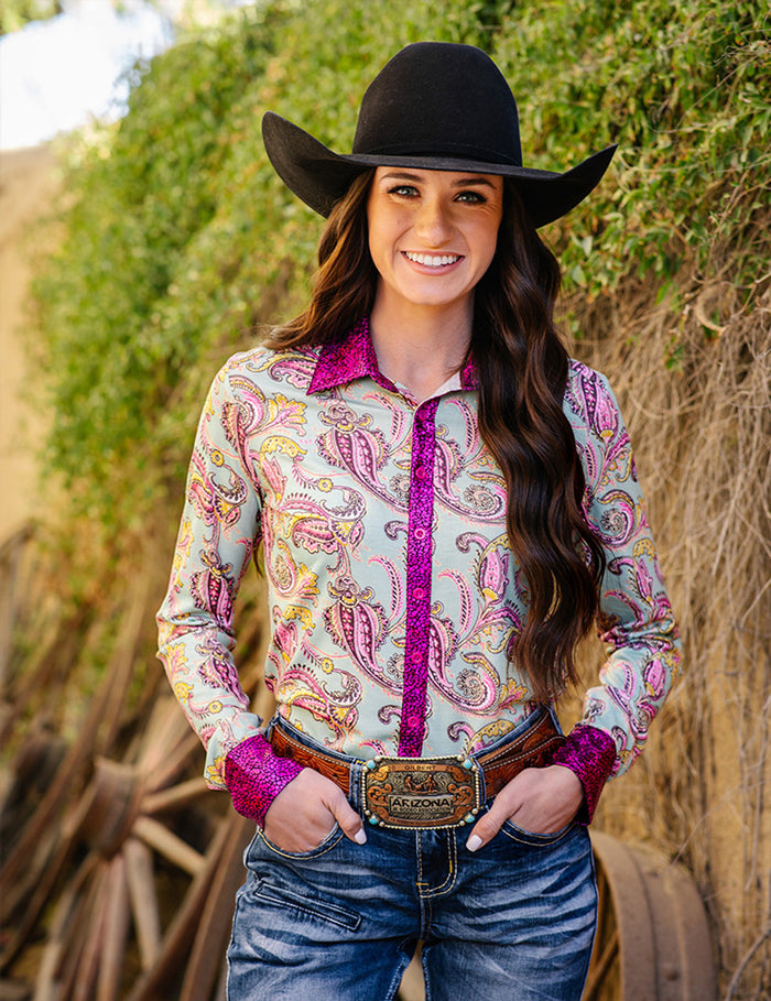 Cowgirl Tuff Pullover Arena Shirt - Colorful Paisley With Pink Foil Metallic Accents