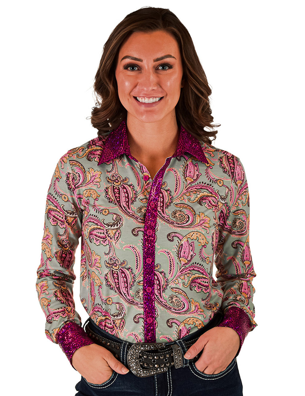 Cowgirl Tuff Pullover Arena Shirt - Colorful Paisley With Pink Foil Metallic Accents