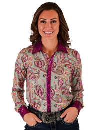 Cowgirl Tuff Pullover Arena Shirt - Colorful Paisley With Pink Foil Metallic Accents