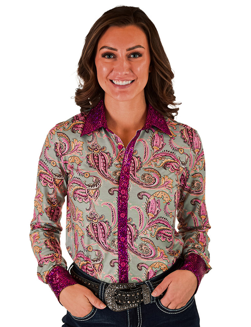 Cowgirl Tuff Pullover Arena Shirt - Colorful Paisley With Pink Foil Metallic Accents