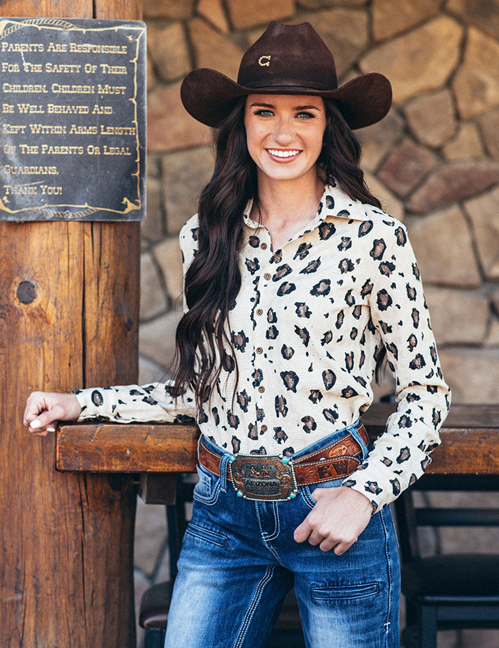 Cowgirl Tuff Pullover Arena Shirt - Tan Leopard Print With Silver Sparkle
