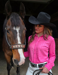 Cowgirl Tuff Pullover Arena Shirt - Pink With Silver Crystals