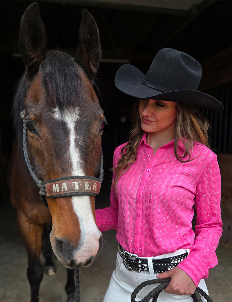 Cowgirl Tuff Pullover Arena Shirt - Pink With Silver Crystals