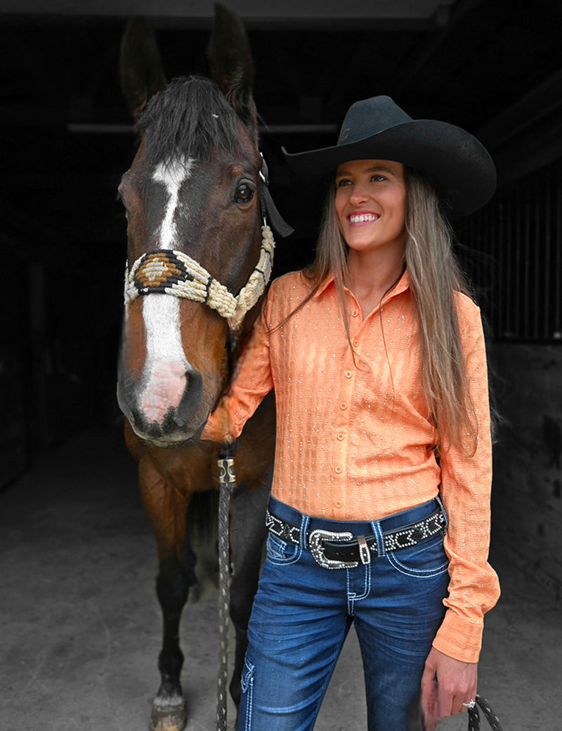 Cowgirl Tuff Pullover Arena Shirt - Orange With Silver Crystals