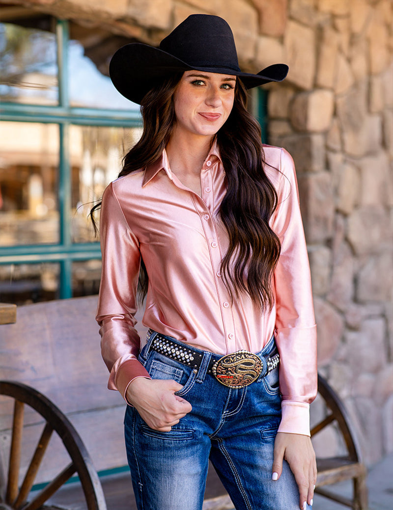 Cowgirl Tuff Pullover Arena Shirt - Champagne Light Pink Satin