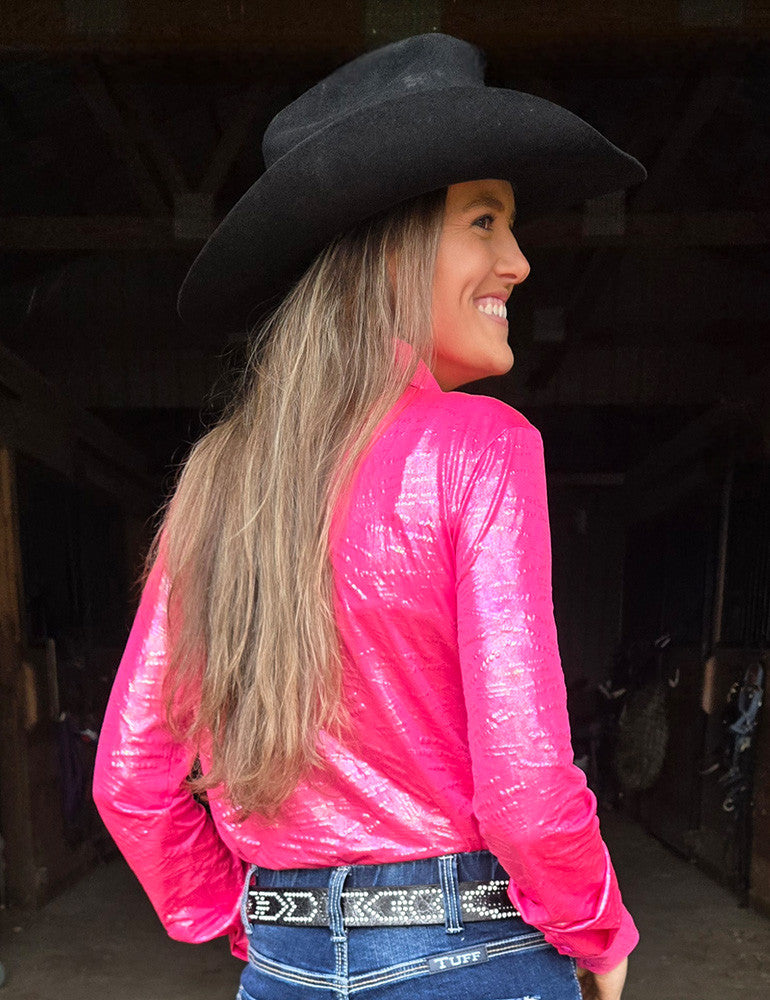 Cowgirl Tuff Pullover Arena Shirt - Wild Pink With Textured Shimmer