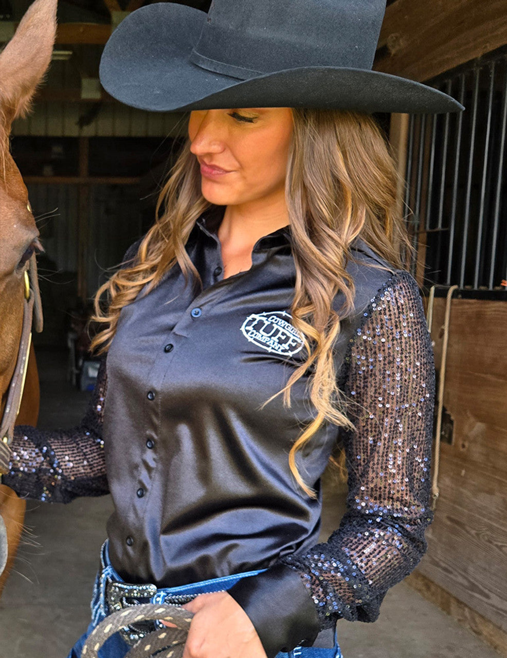Cowgirl Tuff Pullover Arena Shirt - Black Satin with Sheer Sequin Sleeves