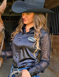 Cowgirl Tuff Pullover Arena Shirt - Black Satin with Sheer Sequin Sleeves