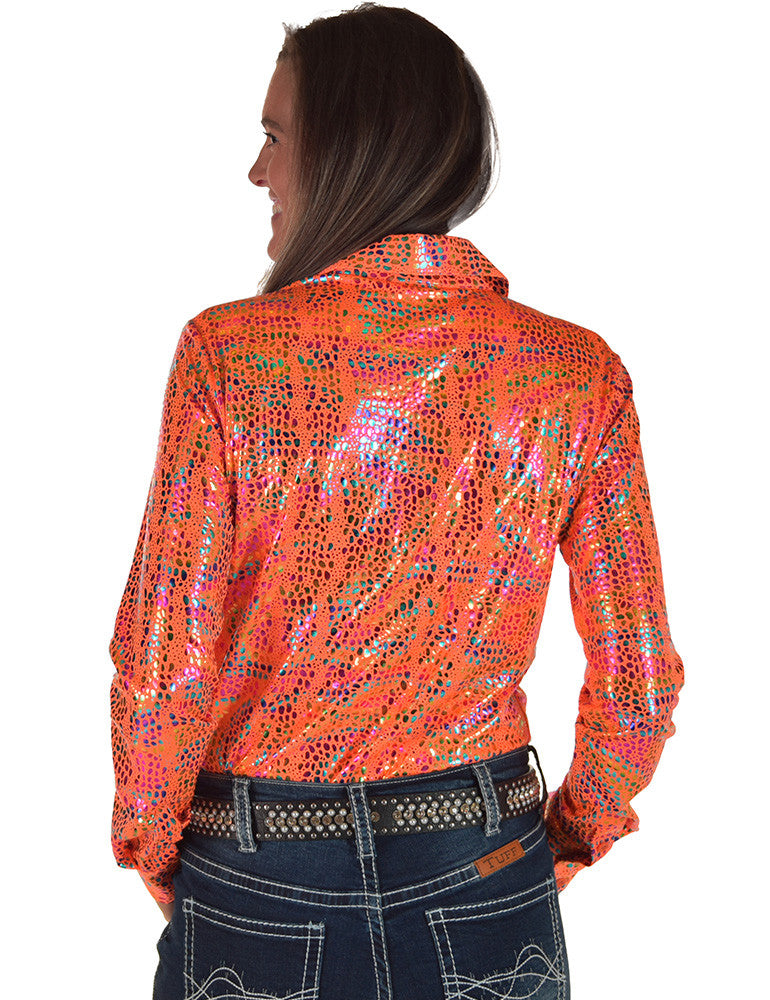 Cowgirl Tuff Pullover Arena Shirt - Bright Orange with Iridescent Colorful Print