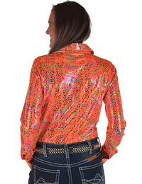 Cowgirl Tuff Pullover Arena Shirt - Bright Orange with Iridescent Colorful Print
