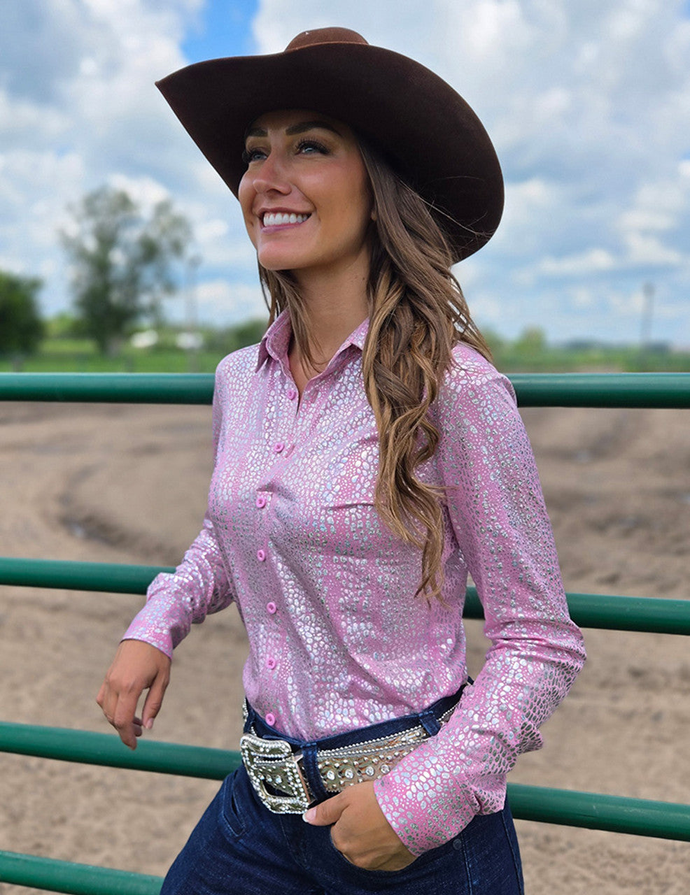Cowgirl Tuff Pullover Arena Shirt - Soft Pink Iridescent Chrome