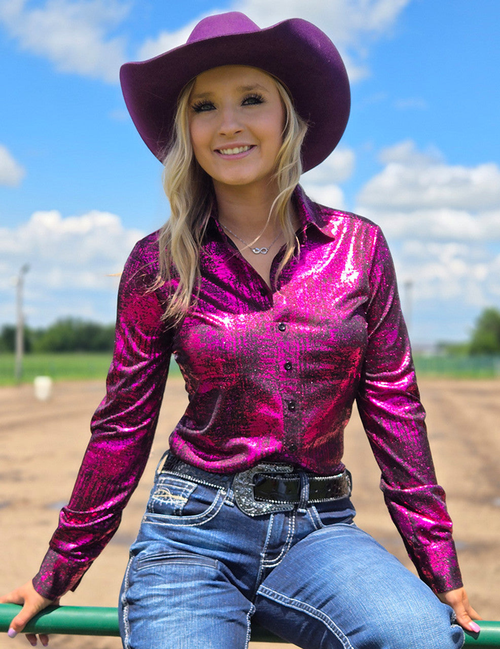 Cowgirl Tuff Pullover Arena Shirt - Hot Pink Foil over Black Shimmer