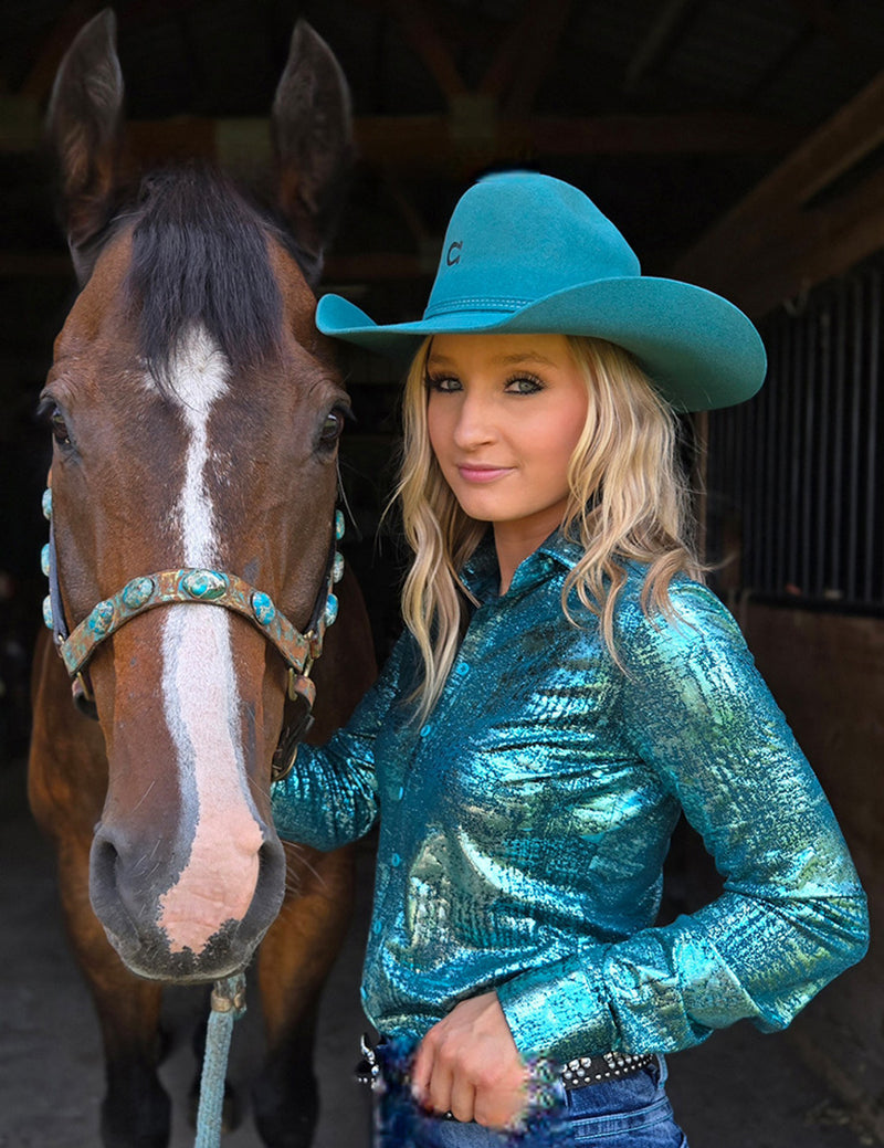 Cowgirl Tuff Pullover Arena Shirt - Bright Turquoise Foil over Dark Turquoise Shimmer