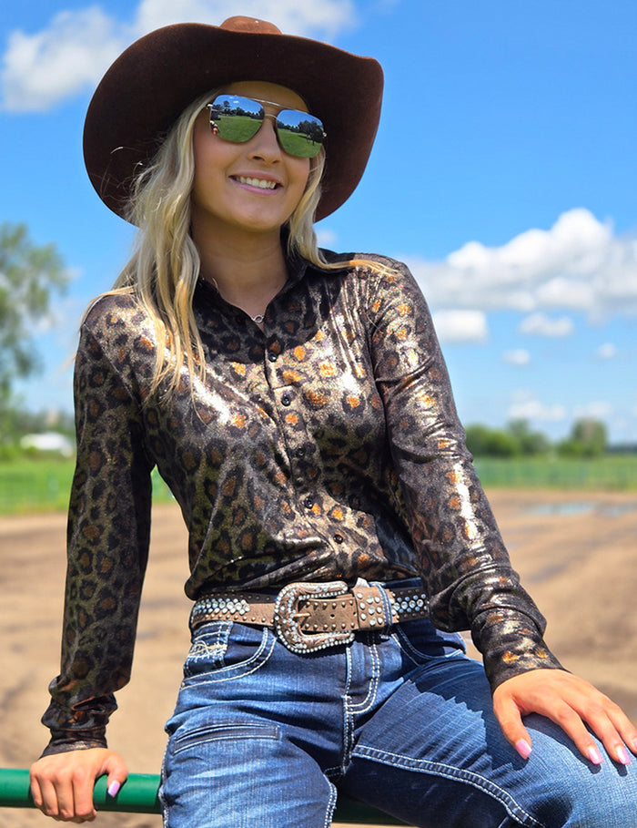 Cowgirl Tuff Pullover Arena Shirt - Soft Copper and Gold Metallic Leopard Shimmer
