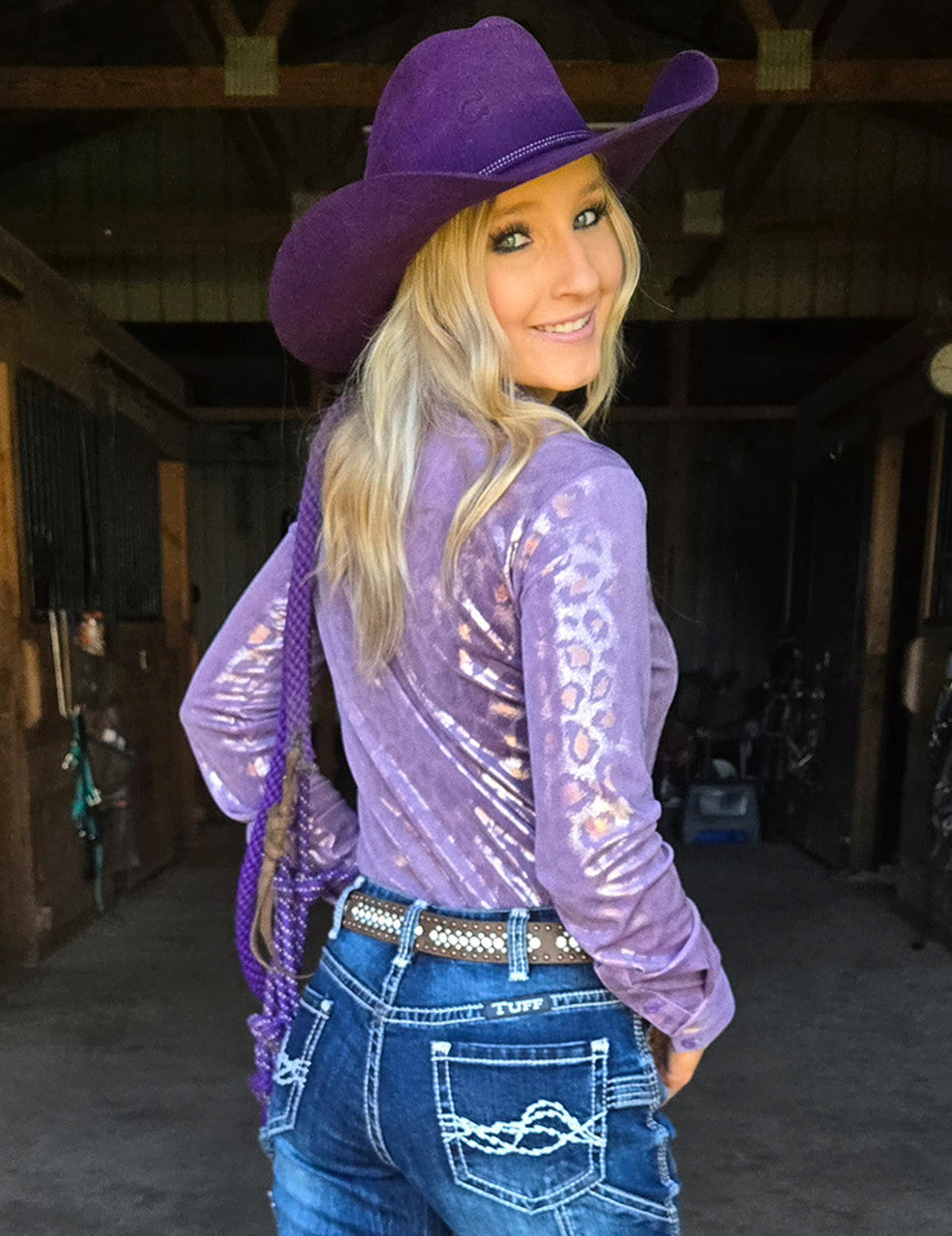 Cowgirl Tuff Pullover Arena Shirt - Soft Lavender Metallic Leopard Shimmer