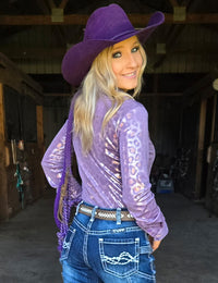 Cowgirl Tuff Pullover Arena Shirt - Soft Lavender Metallic Leopard Shimmer