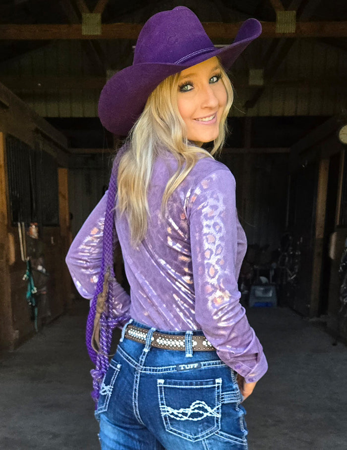 Cowgirl Tuff Pullover Arena Shirt - Soft Lavender Metallic Leopard Shimmer