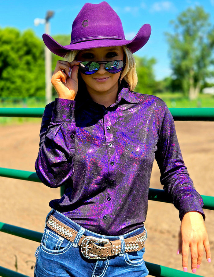 Cowgirl Tuff Pullover Arena Shirt - Dark Purple Iridescent Swishes Over Black