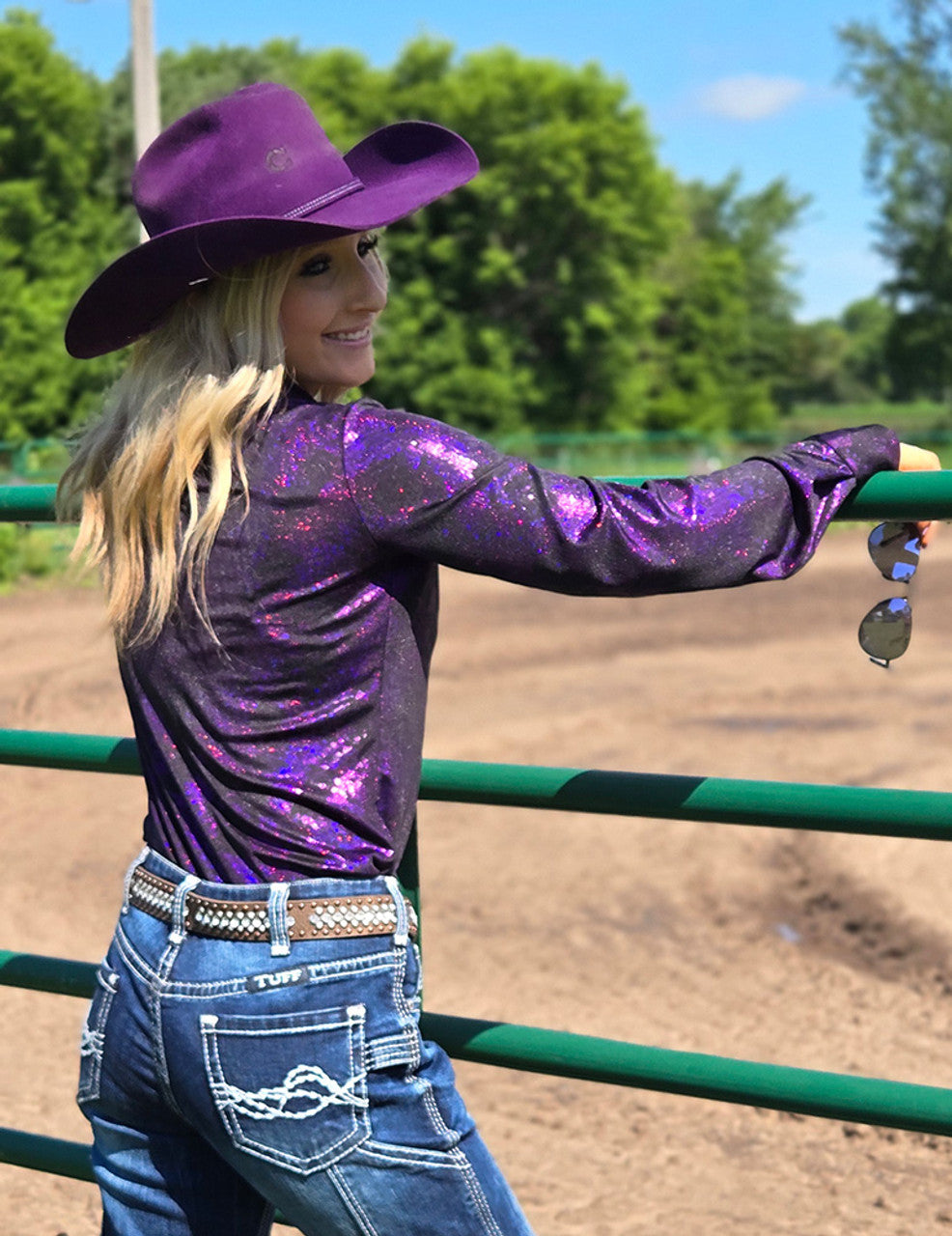Cowgirl Tuff Pullover Arena Shirt - Dark Purple Iridescent Swishes Over Black