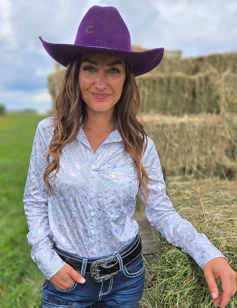 Cowgirl Tuff Pullover Arena Shirt - White & Silver Iridescent Metallic