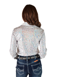 Cowgirl Tuff Pullover Arena Shirt - White & Silver Iridescent Metallic
