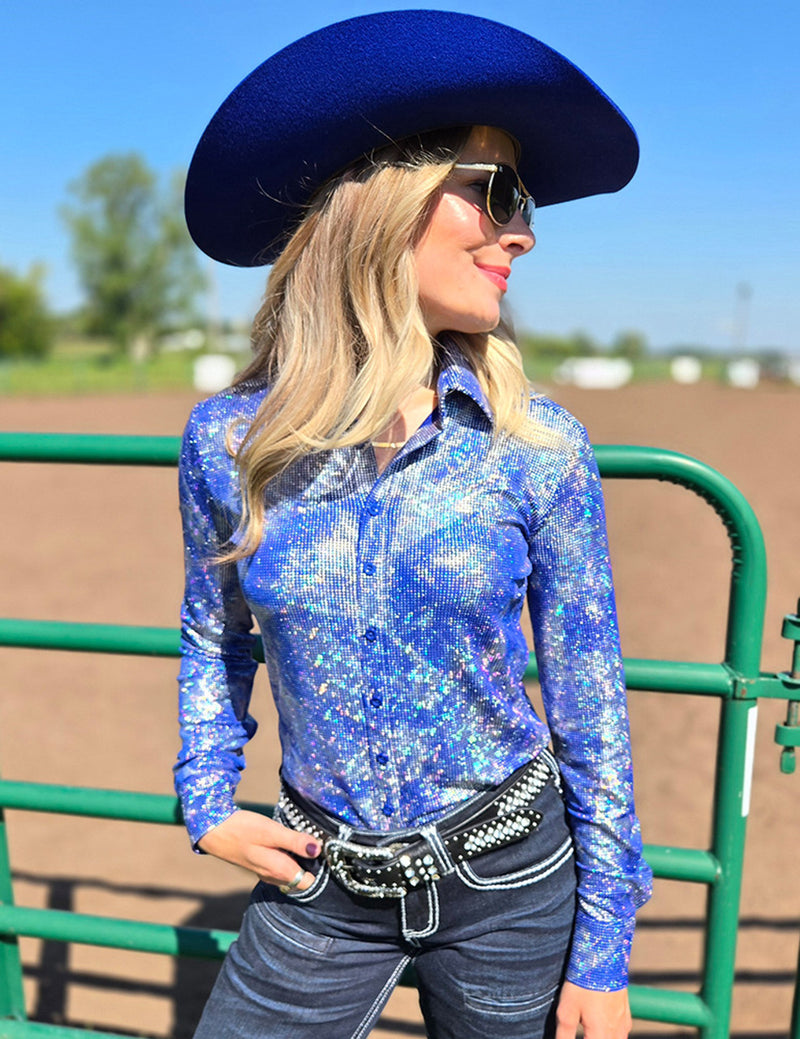 Cowgirl Tuff Pullover Arena Shirt - Royal Blue & Silver