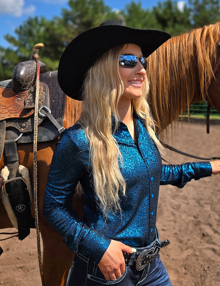 Cowgirl Tuff Pullover Arena Shirt - Teal Shimmer