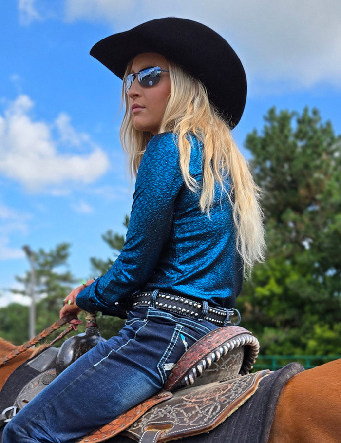 Cowgirl Tuff Pullover Arena Shirt - Teal Shimmer