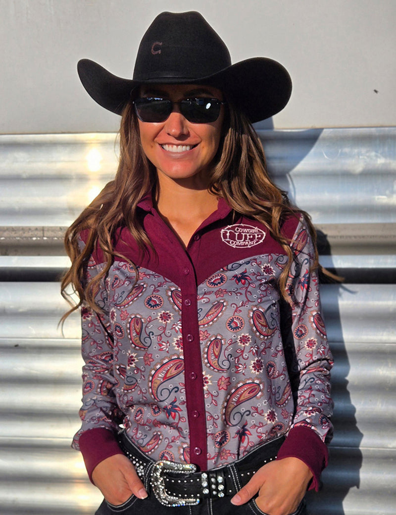 Cowgirl Tuff Pullover Arena Shirt - Gray Paisley With Burgundy