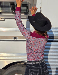 Cowgirl Tuff Pullover Arena Shirt - Gray Paisley With Burgundy