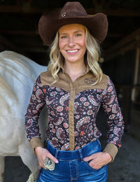 Cowgirl Tuff Pullover Arena Shirt - Brown Black Paisley With Tan Suede
