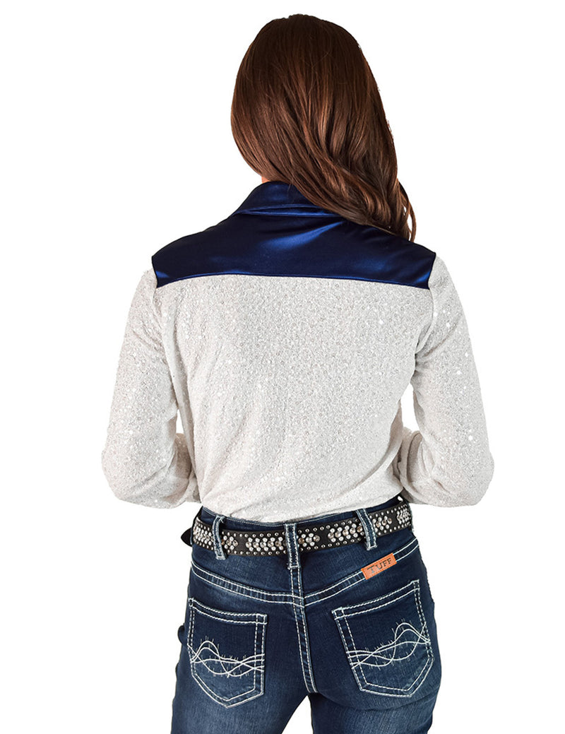 Cowgirl Tuff Pullover Arena Shirt - White Sequins With Sapphire Satin