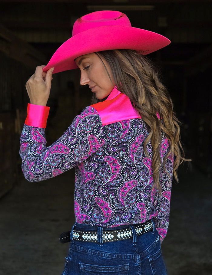 Cowgirl Tuff Pullover Arena Shirt - Hot Pink Satin & Navy Paisley