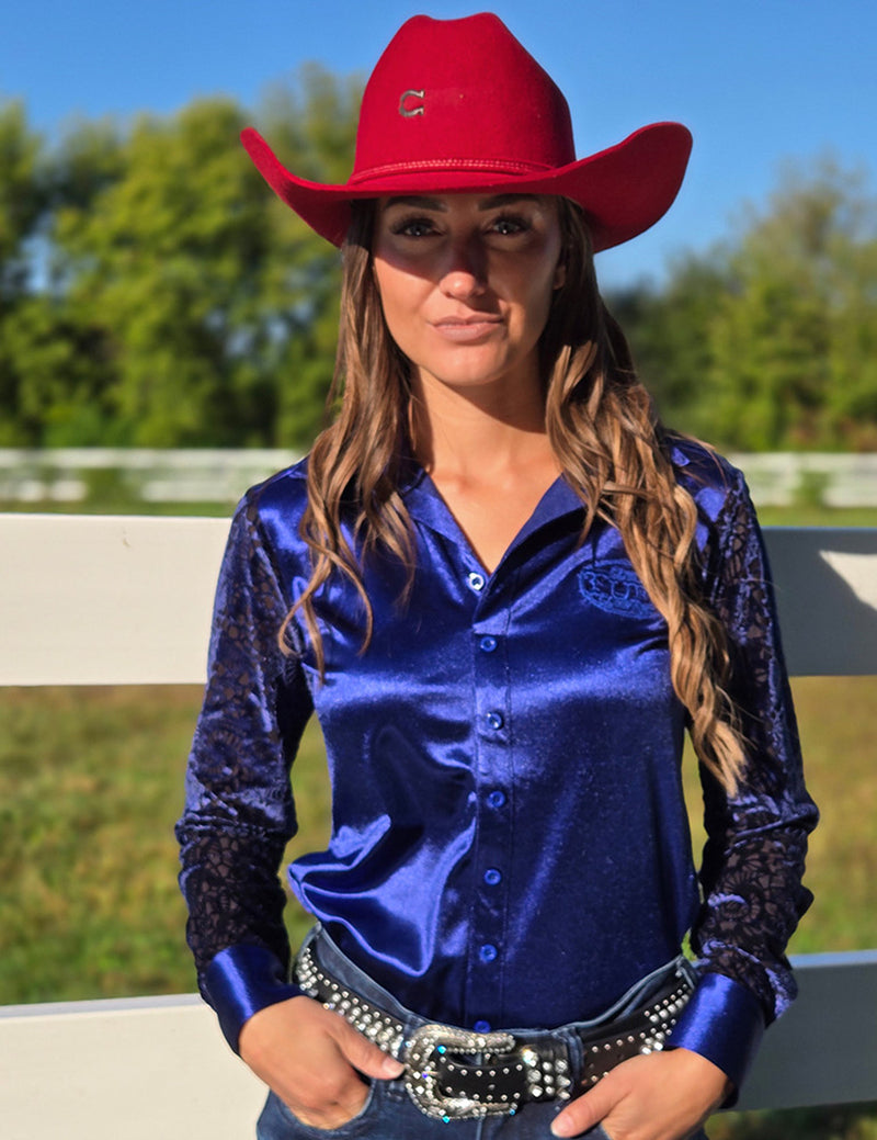 Cowgirl Tuff Pullover Arena Shirt - Sapphire Stretch Satin With Sheer Velvet Mesh Sleeves
