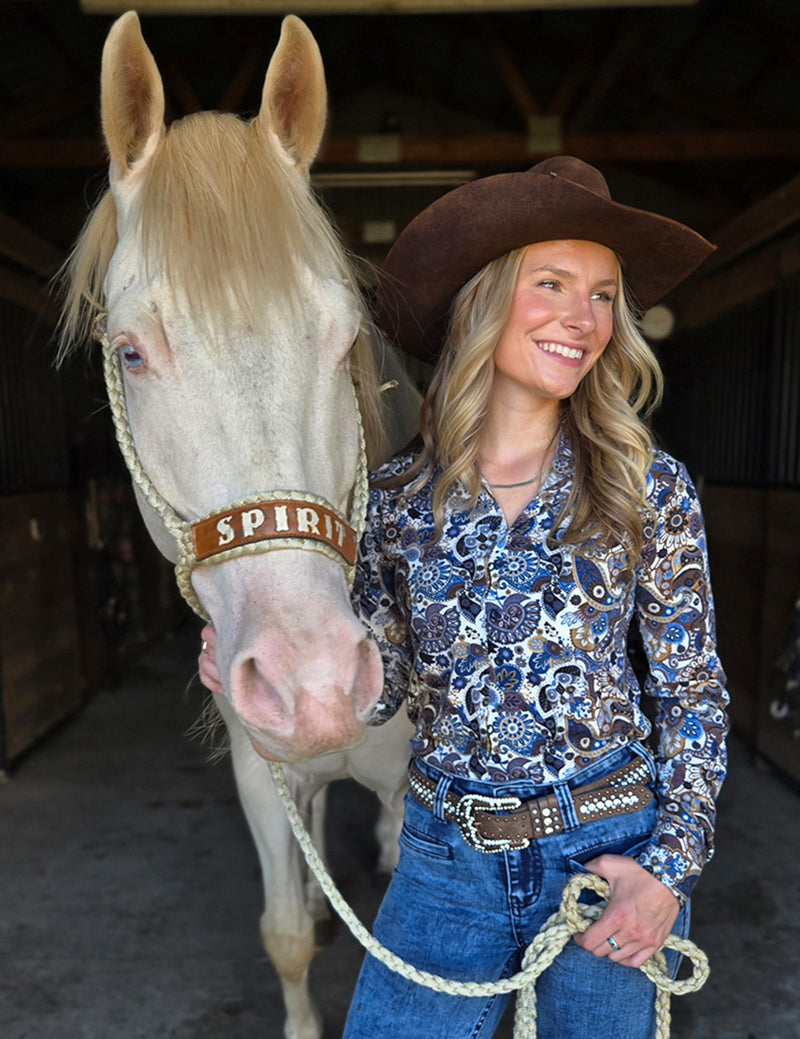 Cowgirl Tuff Pullover Arena Shirt - Navy, Brown & Cream Paisley