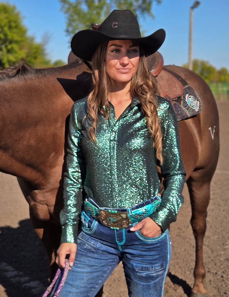 Cowgirl Tuff Pullover Arena Shirt - Jade Shimmer