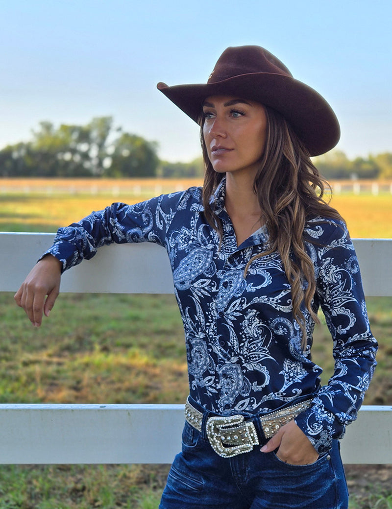 Cowgirl Tuff Pullover Arena Shirt - Sapphire & White Paisley