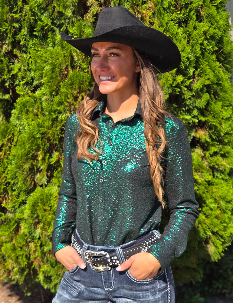 Cowgirl Tuff Pullover Arena Shirt - Lucky Green Shimmer over Black Jersey