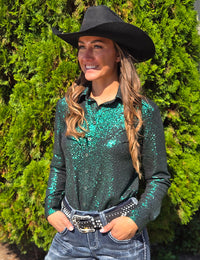 Cowgirl Tuff Pullover Arena Shirt - Lucky Green Shimmer over Black Jersey