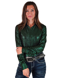 Cowgirl Tuff Pullover Arena Shirt - Lucky Green Shimmer over Black Jersey