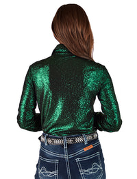 Cowgirl Tuff Pullover Arena Shirt - Lucky Green Shimmer over Black Jersey