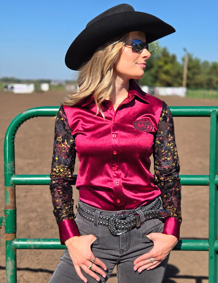 Cowgirl Tuff Pullover Arena Shirt - Ruby Red Satin with Sheer Velvet Sleeves