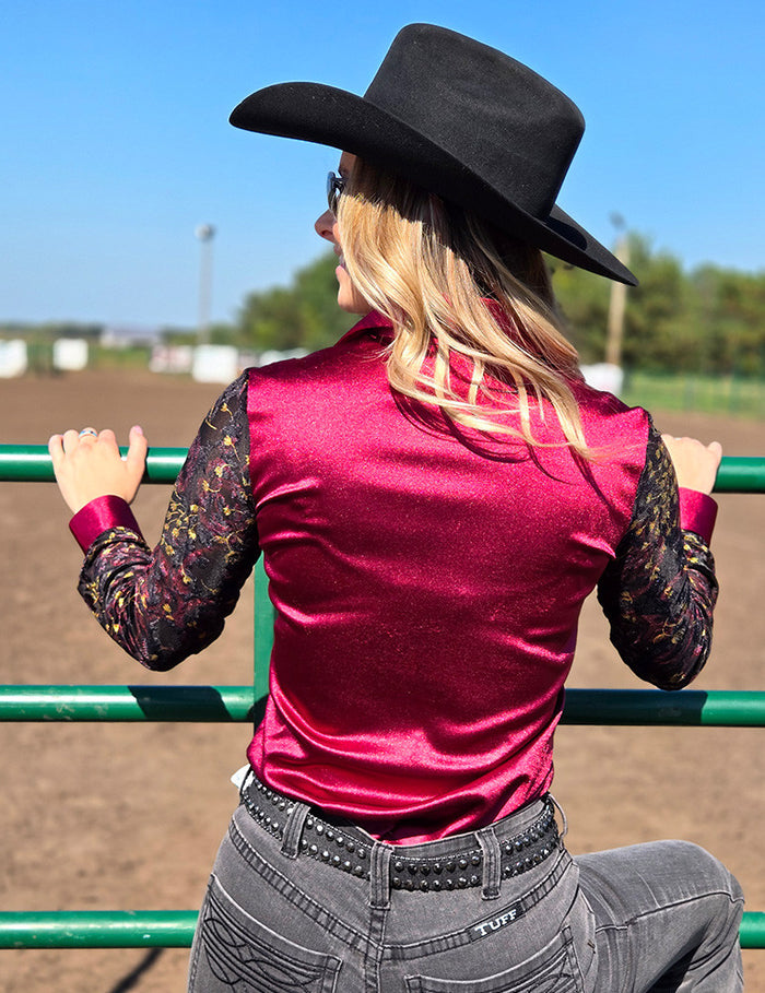 Cowgirl Tuff Pullover Arena Shirt - Ruby Red Satin with Sheer Velvet Sleeves