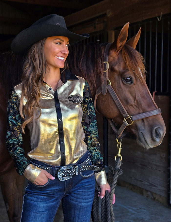 Cowgirl Tuff Pullover Arena Shirt - Gold Foil with Sheer Velvet Sleeves