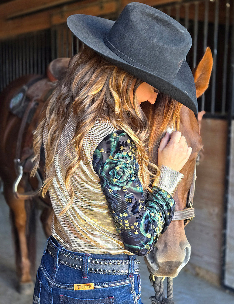 Cowgirl Tuff Pullover Arena Shirt - Gold Foil with Sheer Velvet Sleeves