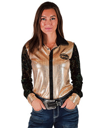 Cowgirl Tuff Pullover Arena Shirt - Gold Foil with Sheer Velvet Sleeves