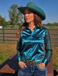Cowgirl Tuff Pullover Arena Shirt - Turquoise Satin with Sequin Sheer Sleeves