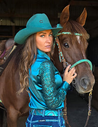Cowgirl Tuff Pullover Arena Shirt - Turquoise Satin with Sequin Sheer Sleeves